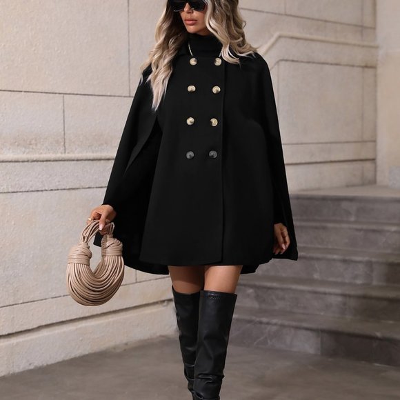 Double Breasted Cloak Sleeve Cape Overcoat Black - Picture 2 of 5